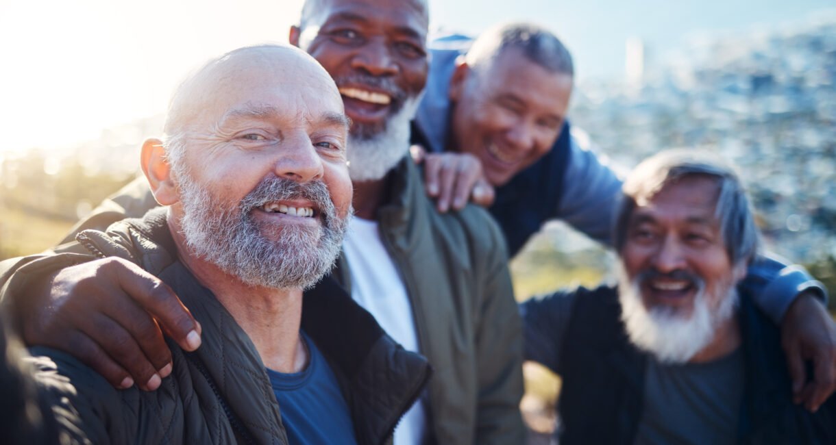 Senior hiking, selfie and nature walk of elderly men smile together in retirement. Friends, trekkin.