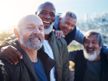 Senior hiking, selfie and nature walk of elderly men smile together in retirement. Friends, trekkin.